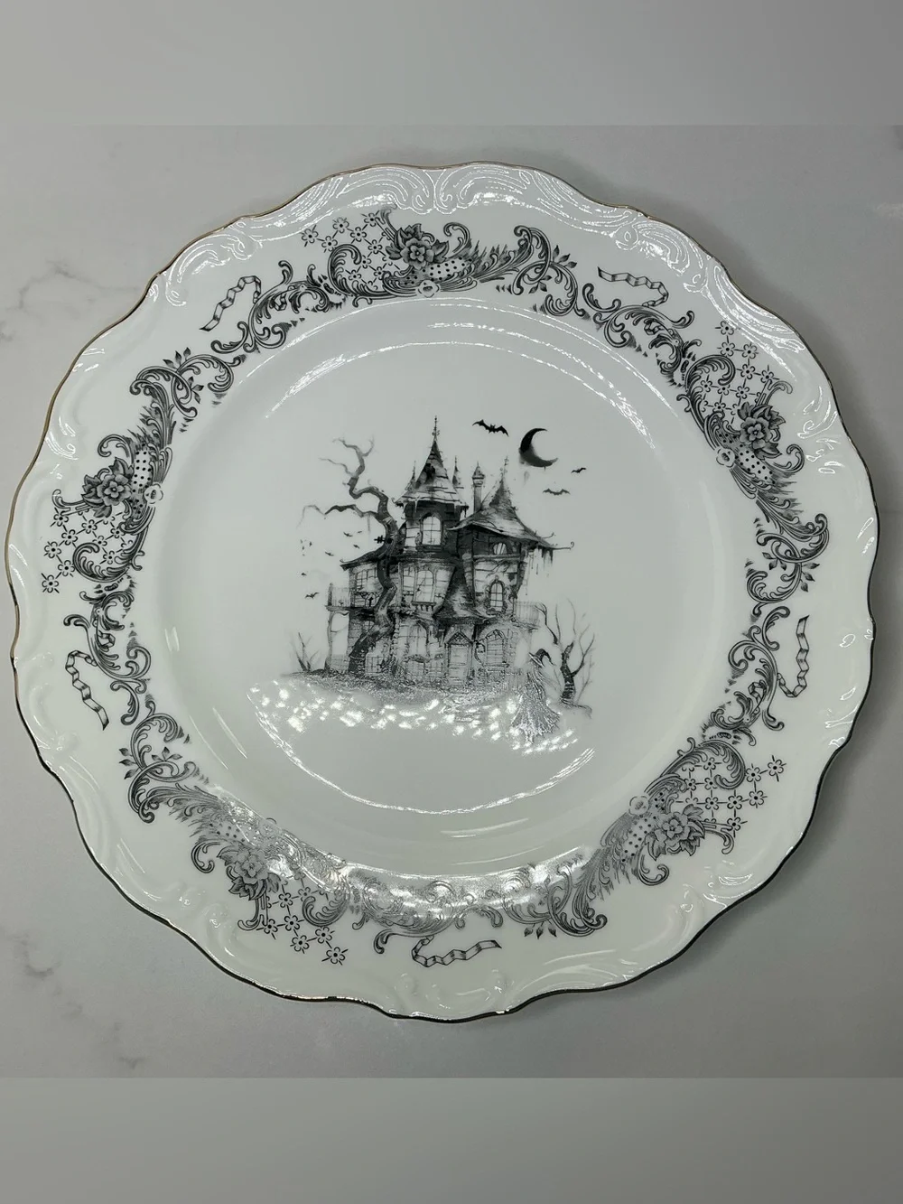 4 Grace Teaware Dinner Plates Halloween Haunted House 11in Porcelain Spooky NEW
